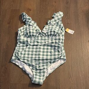 Kona Sol Women's Green Checkered One Piece Swimsuit